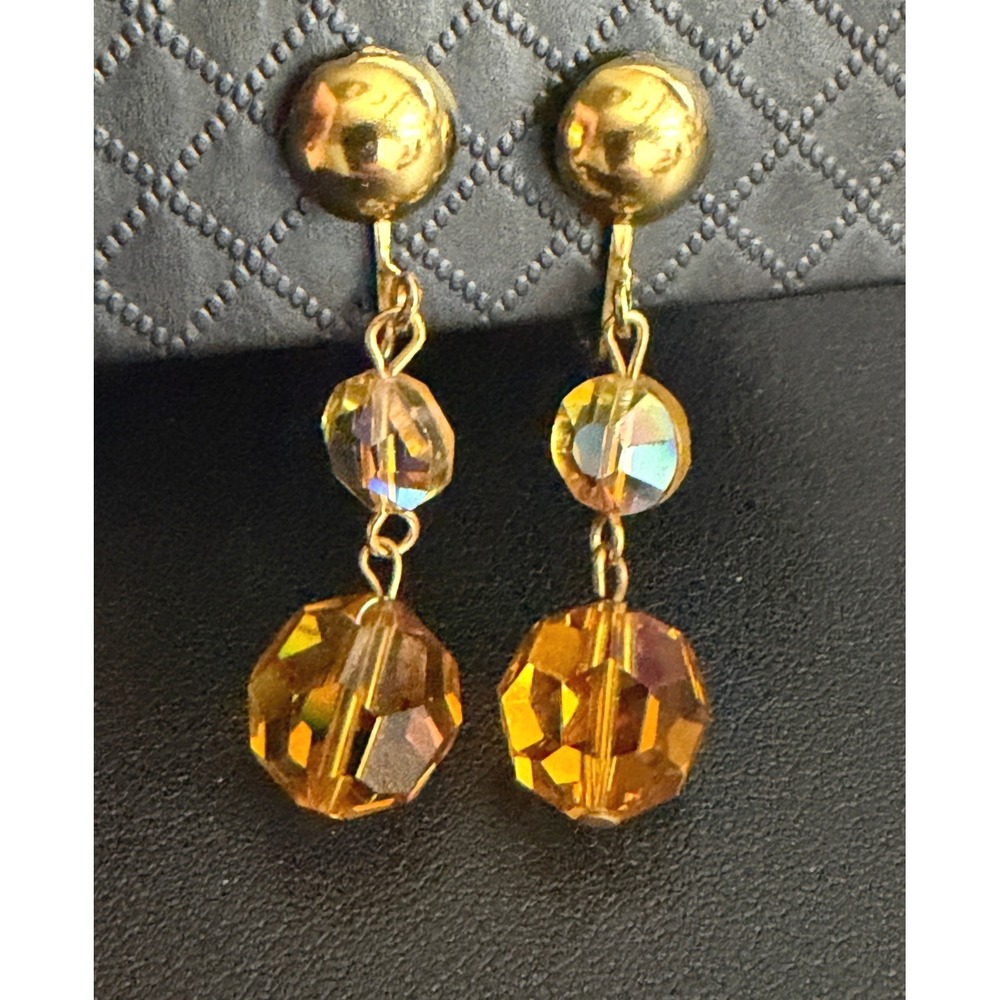 Vintage Rhinestone Earrings Clip Ons AB Dangle Orange Gold Tone